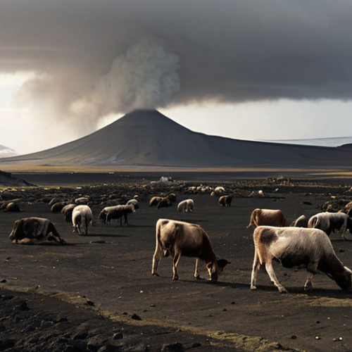 Home 4 **A panoramic view of the Icelandic landscape after the Laki eruption (1783-1784). The sky is filled with a sulfurous haze, casting a gloomy light on the barren fields. In the foreground, emaciated livestock lie dead, and a small, struggling village is visible in the distance, emphasizing the devastation caused by the famine.**