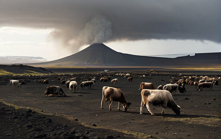 **A panoramic view of the Icelandic landscape after the Laki eruption (1783-1784). The sky is filled with a sulfurous haze, casting a gloomy light on the barren fields. In the foreground, emaciated livestock lie dead, and a small, struggling village is visible in the distance, emphasizing the devastation caused by the famine.**