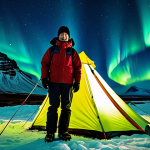An adventurer, fully clothed in warm, layered, and waterproof outdoor apparel, stands outside a sturdy 4-season tent at an Icelandic campsite. The background features majestic rugged mountains and a clear night sky illuminated by vibrant Northern Lights (Aurora Borealis). The scene is captured with professional photography, showcasing a natural pose, perfect anatomy, correct proportions, well-formed hands, and proper finger count. The overall image maintains a family-friendly atmosphere, safe for work, with appropriate content, and fully clothed subjects. High resolution, cinematic lighting.