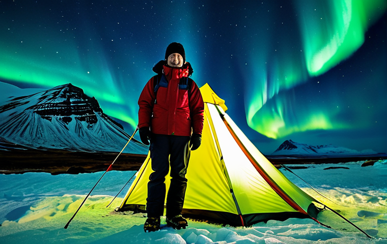 An adventurer, fully clothed in warm, layered, and waterproof outdoor apparel, stands outside a sturdy 4-season tent at an Icelandic campsite. The background features majestic rugged mountains and a clear night sky illuminated by vibrant Northern Lights (Aurora Borealis). The scene is captured with professional photography, showcasing a natural pose, perfect anatomy, correct proportions, well-formed hands, and proper finger count. The overall image maintains a family-friendly atmosphere, safe for work, with appropriate content, and fully clothed subjects. High resolution, cinematic lighting.