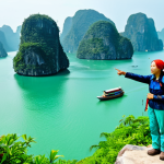 **

"A professional female tour guide, fully clothed in modest, practical hiking attire (waterproof jacket, comfortable pants, sturdy boots), pointing towards a scenic vista of Ha Long Bay in Vietnam. Lush green islands rise from the turquoise water under a bright, clear sky. Safe for work, appropriate content, perfect anatomy, correct proportions, natural pose, well-formed hands, proper finger count, natural body proportions, professional photography, high quality."

**