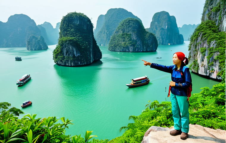 **
"A professional female tour guide, fully clothed in modest, practical hiking attire (waterproof jacket, comfortable pants, sturdy boots), pointing towards a scenic vista of Ha Long Bay in Vietnam. Lush green islands rise from the turquoise water under a bright, clear sky. Safe for work, appropriate content, perfect anatomy, correct proportions, natural pose, well-formed hands, proper finger count, natural body proportions, professional photography, high quality."
**